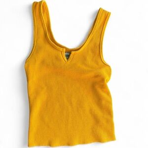 Butter Yellow comfy waffle ribbed tank top with a open V-neckline small